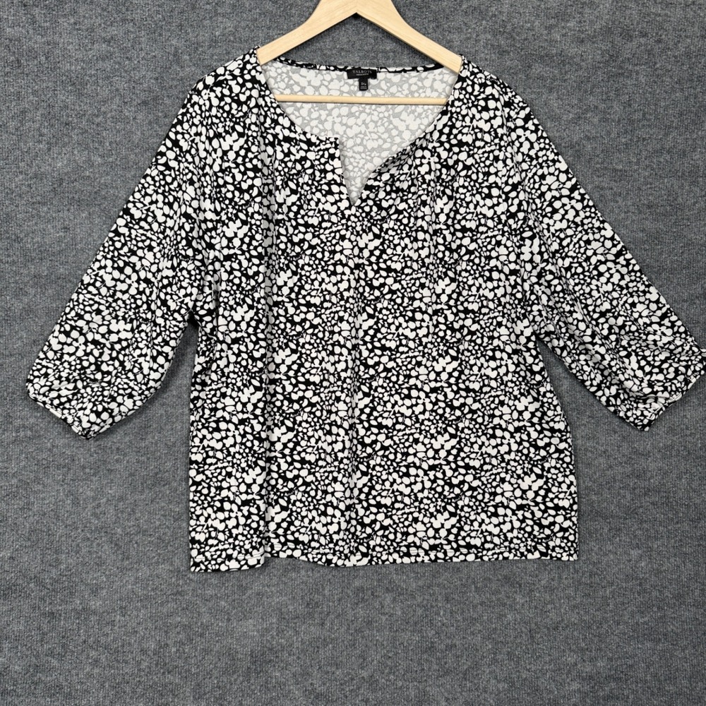 Talbots Petite Size 3X Top Blouse Black White Abstract Floral Split Neck Office